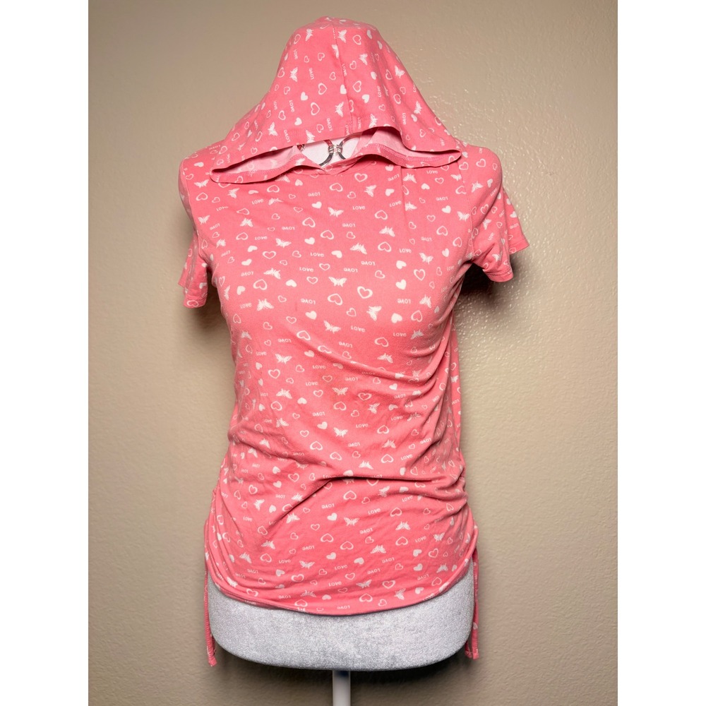 Y2K Heart & Arrow Pink Love Heart Butterfly Short Sleeve Hoodie Side Tie #9